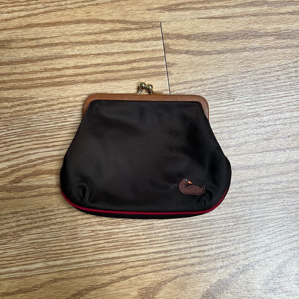 Dooney & Bourke Brown Nylon Leather Framed Kisslock Coin Purse with hot pink in